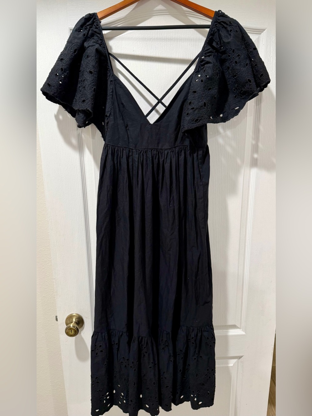 ZARA Black Eyelet Openwork Ruffle Casual maxi dress size XS.